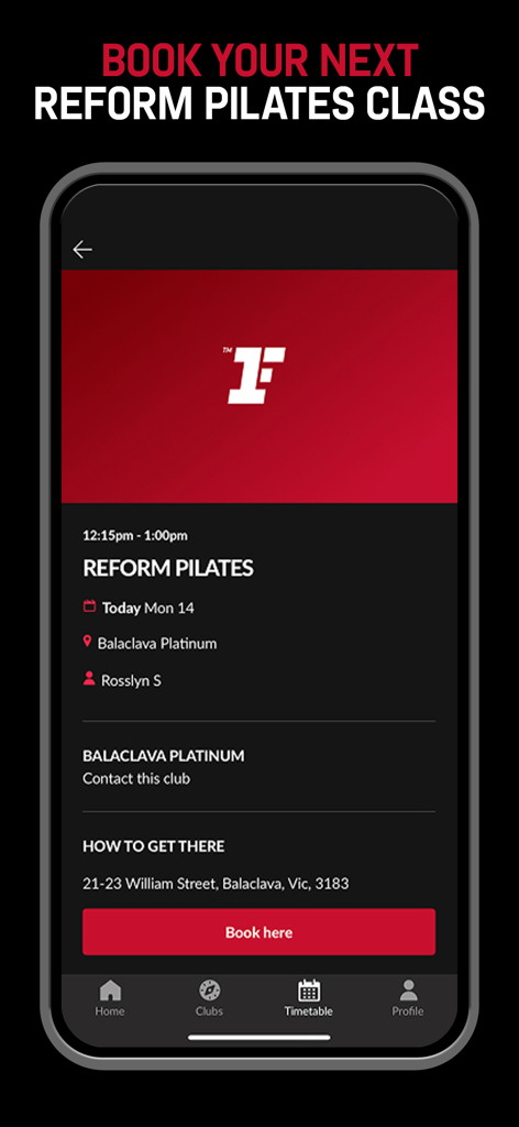 Fitness First app screen showing Reform Pilates class booking details