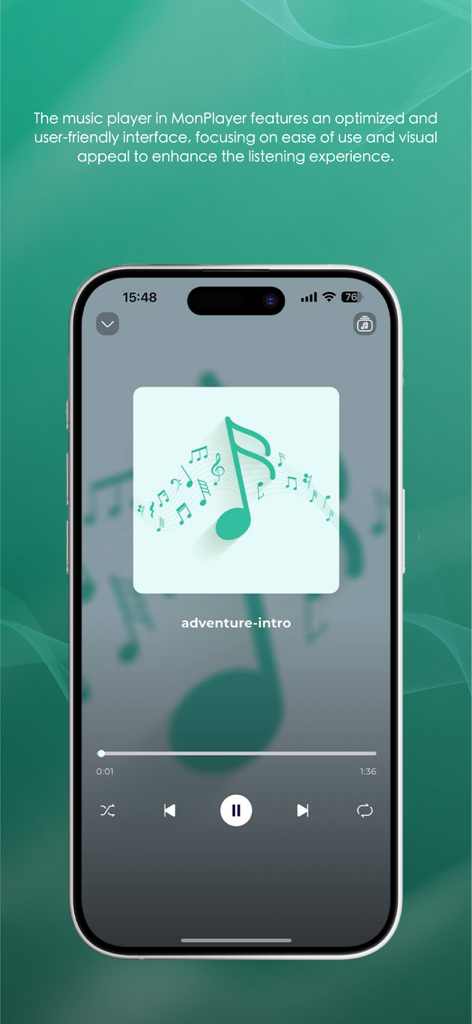 Écran du lecteur de musique de l'application mobile MonPlayer montrant les commandes de lecture audio et une interface utilisateur épurée.