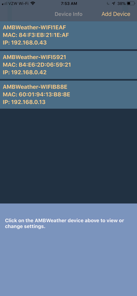 awnet - awnetアプリのデバイス情報画面。接続されているAmbient Weatherステーションと、そのMACアドレスおよびIPアドレスが表示されています。