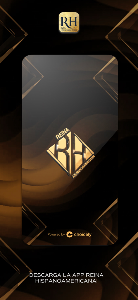 Pantalla promocional de la app Reina Hispanoamericana con logo dorado y texto de descarga en español.