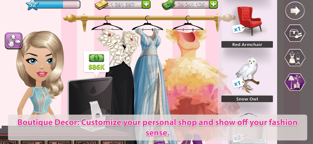 Mall World game screenshot showing a customizable fashion boutique with dresses on a rack and furniture items