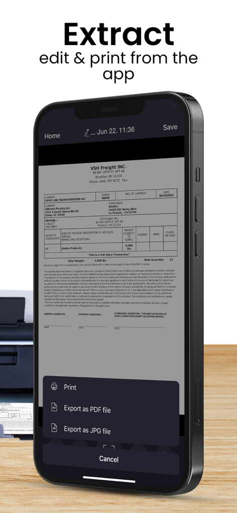 Scanner App Pro: Pdf Documents - Uno smartphone che mostra le opzioni di esportazione come PDF e stampa per un documento scansionato