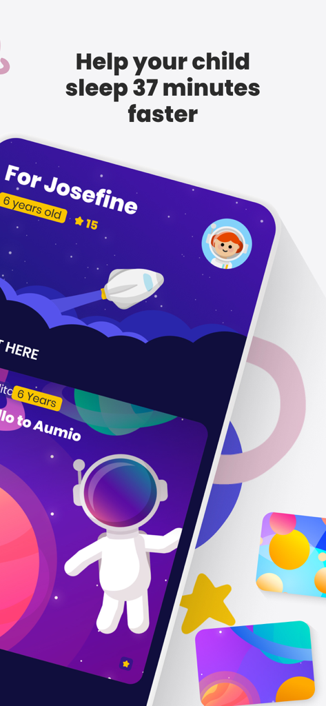 Aumio: Sleep Sounds & Stories - Aumio app screen showing a space-themed interface with a rocket and the text help your child sleep 37 minutes faster