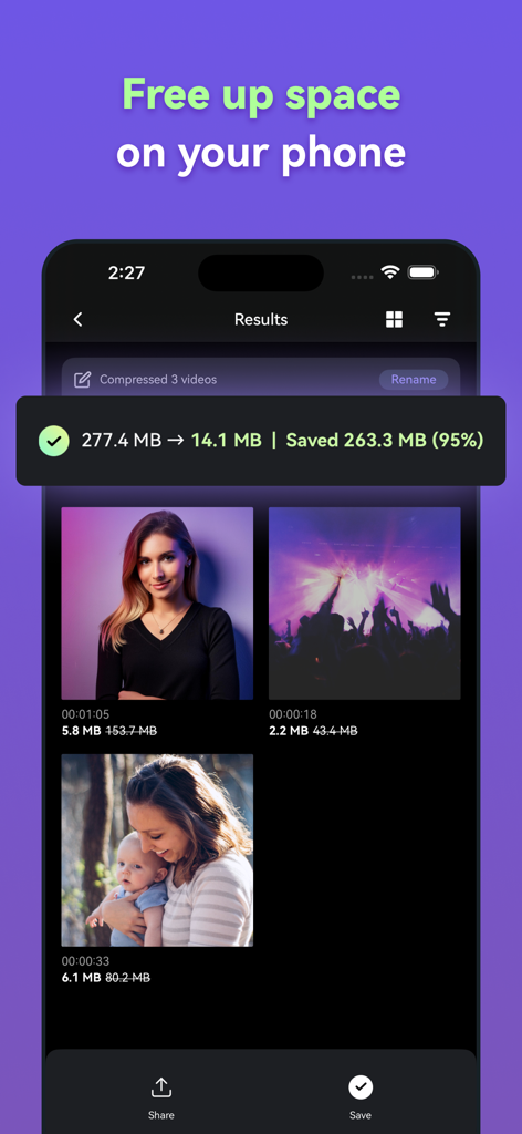Panda - Video Compressor - Schermata dell'app Panda Video Compressor che mostra una riduzione del 95% della dimensione del file per liberare spazio sul telefono