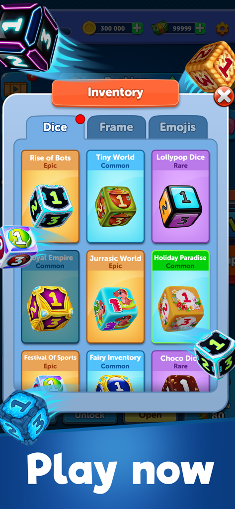 Tela de inventário exibindo várias skins de dados colecionáveis no Parchis CLUB.