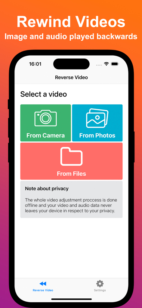 Interface of the Reverse Video app showing options to select a video from camera, photos, or files.