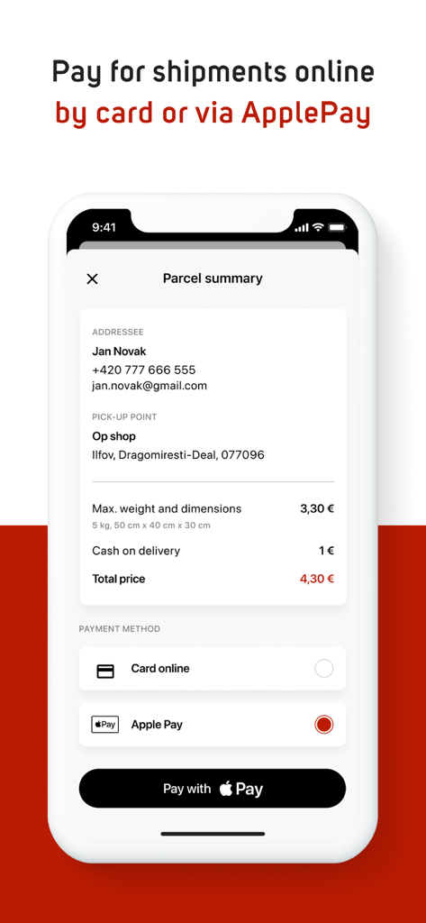 Packeta mobile App Paketübersicht mit Versandkosten und Apple Pay-Zahlungsoption