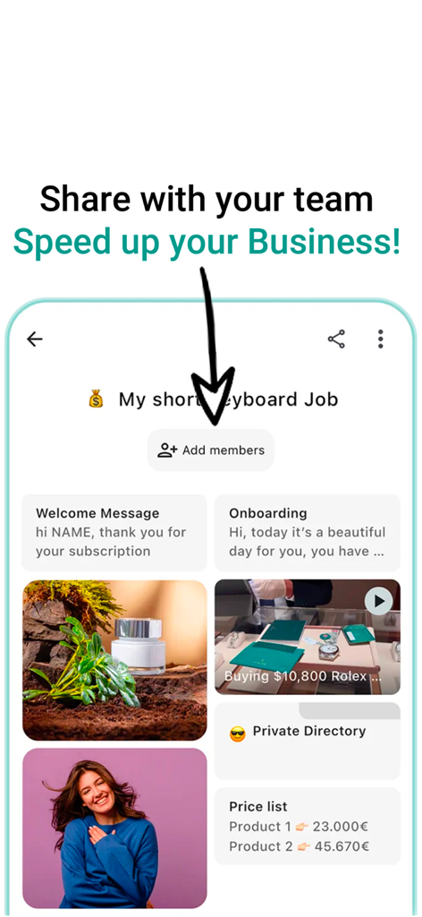 KeyMagic - Custom Keyboards - Interfaz de la aplicación KeyMagic que muestra funciones de compartir tableros de contenido y colaboración en equipo