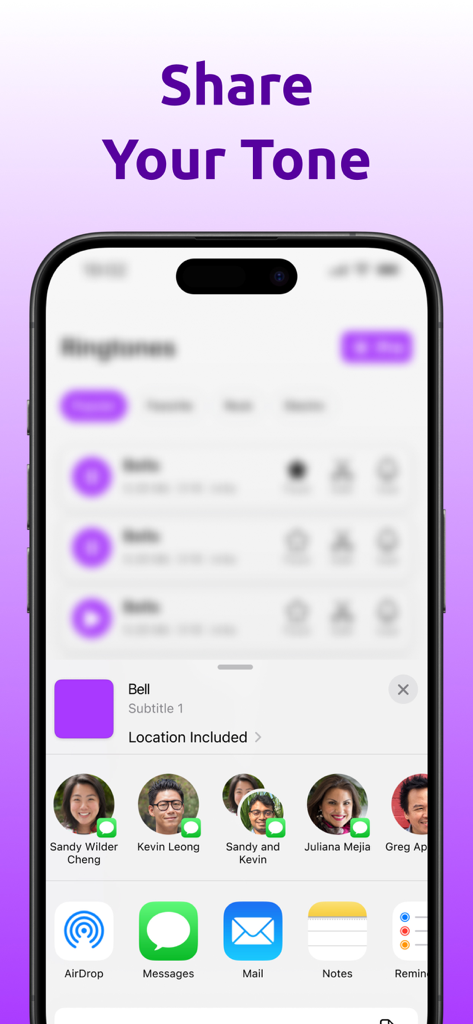 Ringtone Maker & Custom Tones - iPhone interface showing the option to share custom ringtones through Messages AirDrop and Mail