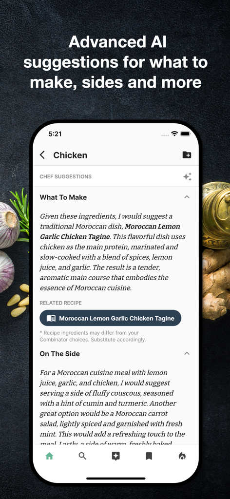 TasteMatch - Smartphone screen showing the TasteMatch app with AI chef suggestions for a Moroccan chicken dish.