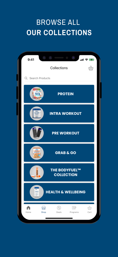 Interface da coleção do aplicativo móvel Applied Nutrition mostrando categorias de suplementos como proteína e pré-treino.