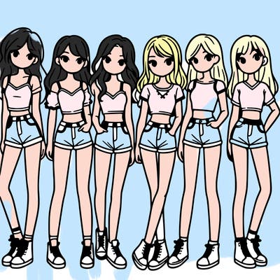 a group of girls wearing crop tops and shorts