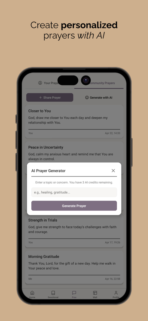 Faithly: Devotional & Prayer - Faithly app interface showing the AI prayer generator feature for creating personalized prayers.