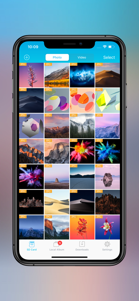 ezShare Lite plus app interface displaying a grid of photos transferred from a Wi-Fi SD card