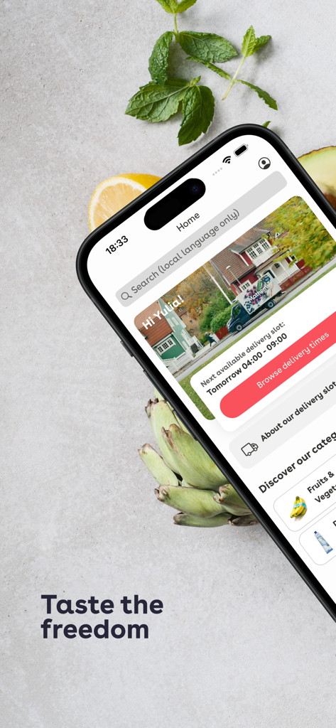Mathem grocery delivery app home screen on a smartphone displaying delivery slots and food categories