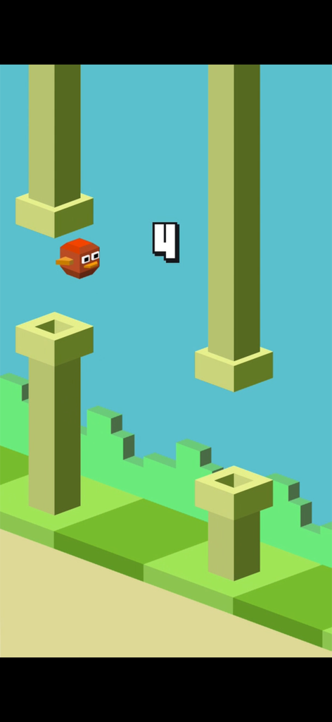 Gameplay of Balloon Bird Game showing a red voxel bird flying between green pipes
