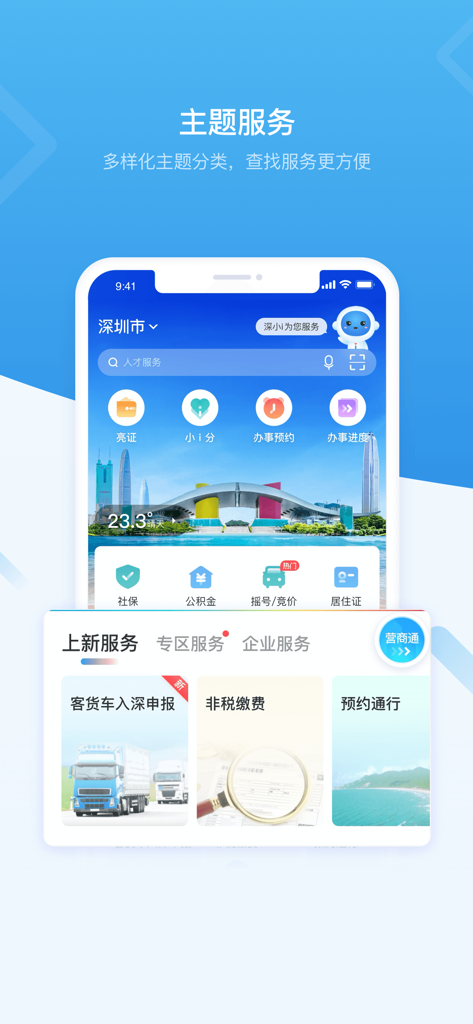 i深圳-深圳市统一政务服务APP - iShenzhenアプリのテーマ別サービス画面のスクリーンショット。さまざまな政府および行政サービスのアイコンが表示されています。