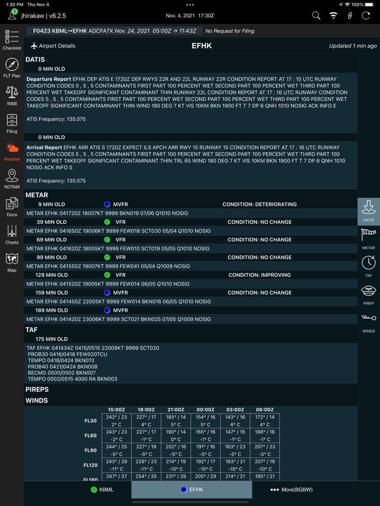 Professional aviation weather dashboard showing METAR and TAF reports on the ARINCDirect iPad app interface