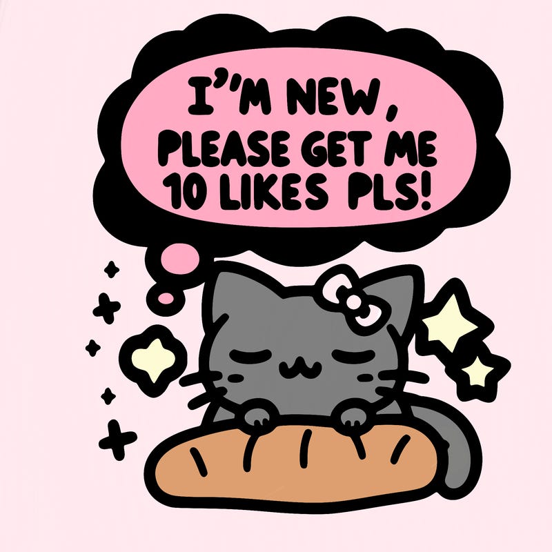 kitty taking a nap dream talking and saying "i'm new, please get me at least 10 likes pls!!"