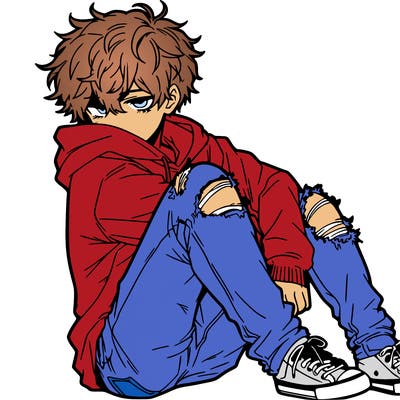 a male hoddie ripped jeans messy hair anime