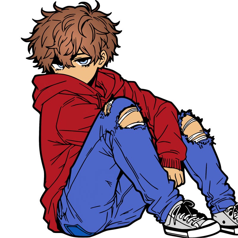 a male hoddie ripped jeans messy hair anime
