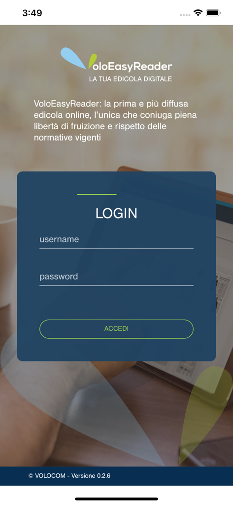 Login interface for the VoloEasyReader digital newsstand app with username and password fields