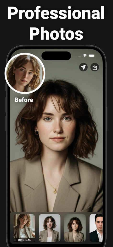 Interfaccia dell'app Body Editor Ai che mostra un ritocco professionale di ritratti con una bolla di confronto prima e dopo.