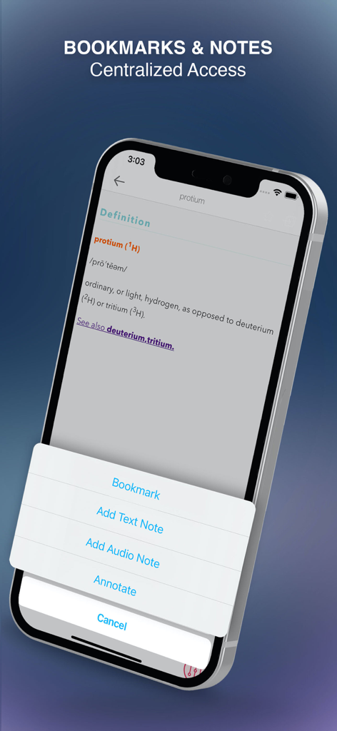 Smartphone screen showing medical definition with bookmark and note options in the Mosby Pocket Dictionary app