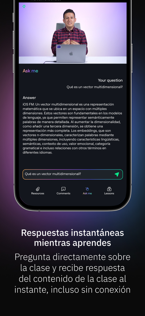 Platzi app interface showing the AI assistant feature providing instant answers during a video lesson