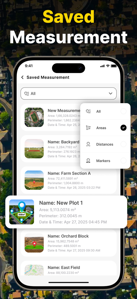 Land Distance Area Calculator - Una lista de mediciones de terreno guardadas en la aplicación que muestra detalles de área y perímetro para diferentes parcelas