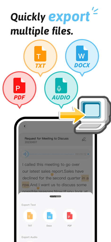 Schermata dell'app mobile Speakwrite che visualizza opzioni per esportare il testo trascritto nei formati di file TXT, DOCX e PDF.