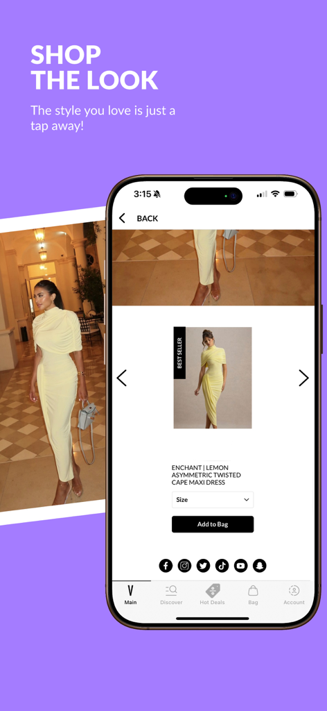 A screenshot of the VogaCloset app displaying the Shop the Look feature with a yellow asymmetric maxi dress.