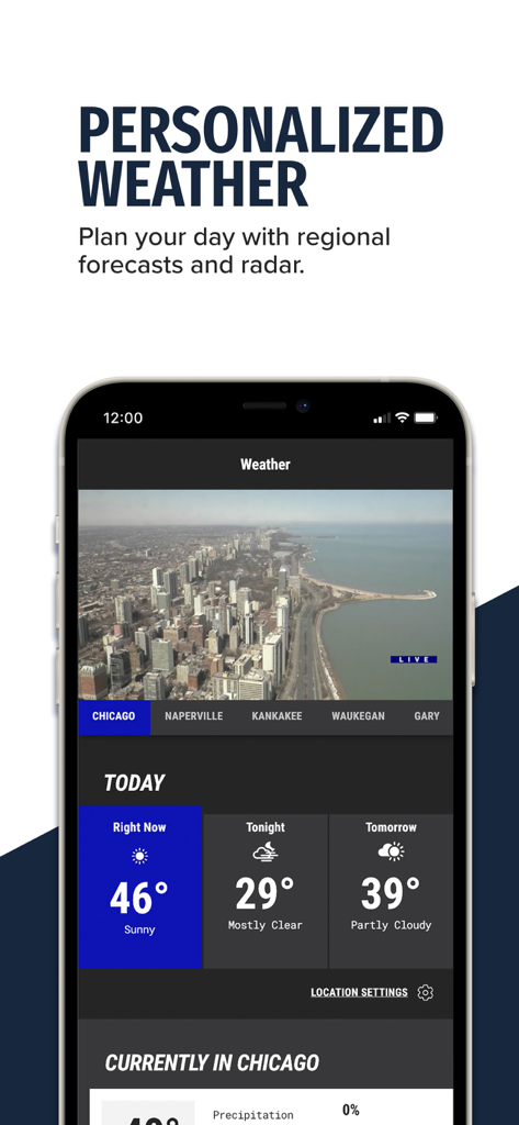 WGN News Chicago mobile app screen showing personalized local weather forecasts and a live city view