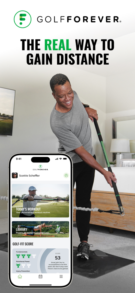 A man using the GolfForever Swing Trainer while the mobile app displays a personalized golf workout plan and golf fit score