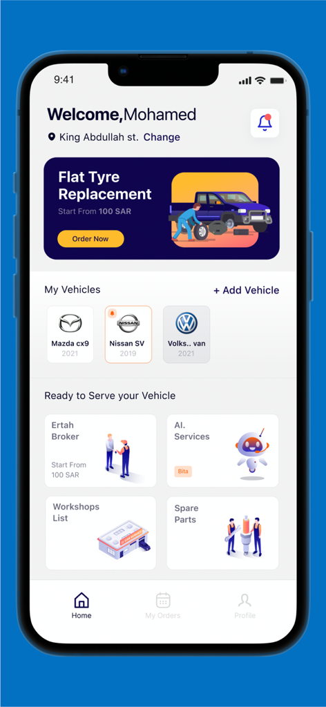 Ertah (Auto & Vehicles) - Home screen of the Ertah auto service app showing various car repair and maintenance options