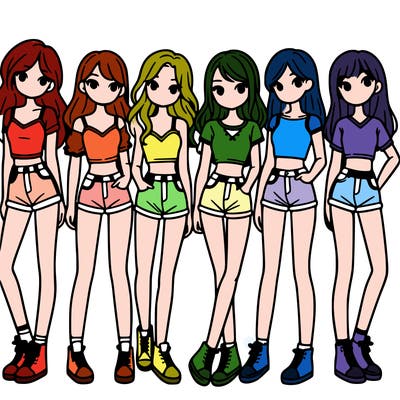 a group of girls wearing crop tops and shorts
