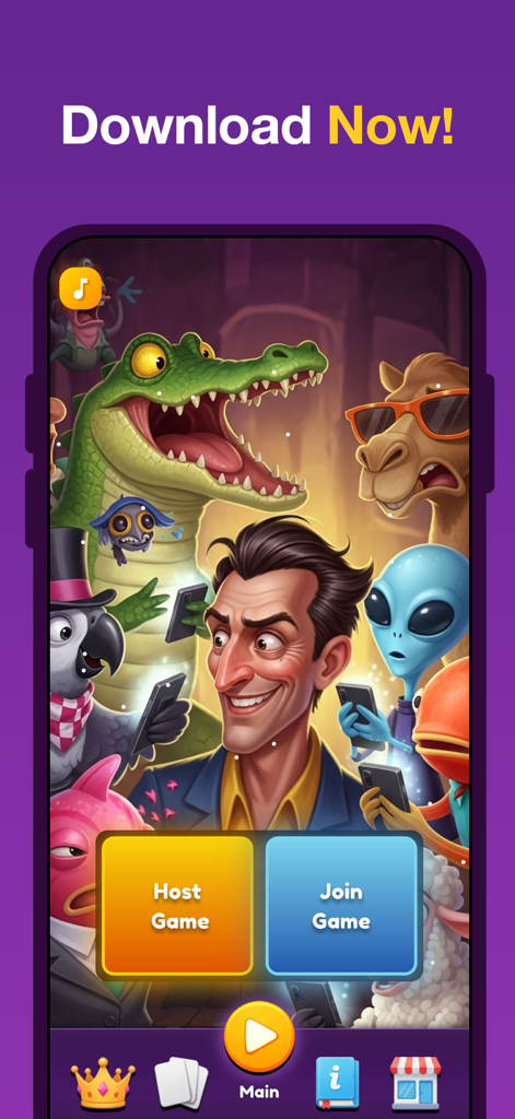 Bamboozle - Party Game - Écran d'accueil du jeu de société Bamboozle montrant les boutons 'Organiser une partie' et 'Rejoindre une partie' avec des personnages de dessins animés colorés.