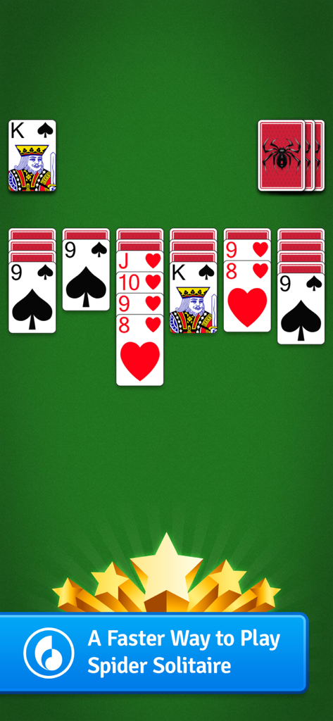 Gameplay of Spider Go Solitaire featuring a faster version of the classic card game with hearts and spades