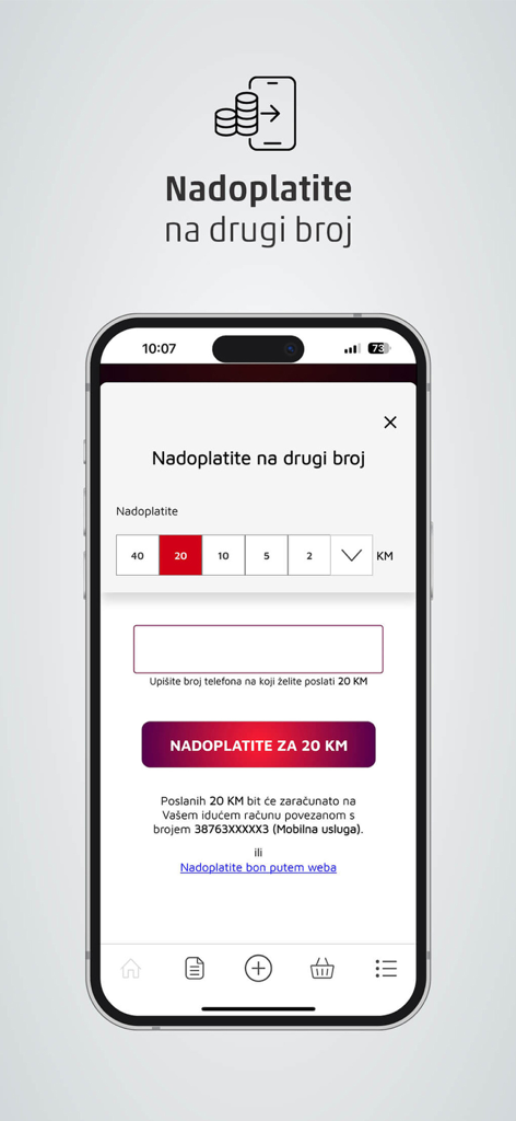 Moj ERONET - Mobile app screen for topping up another phone number with different credit amounts
