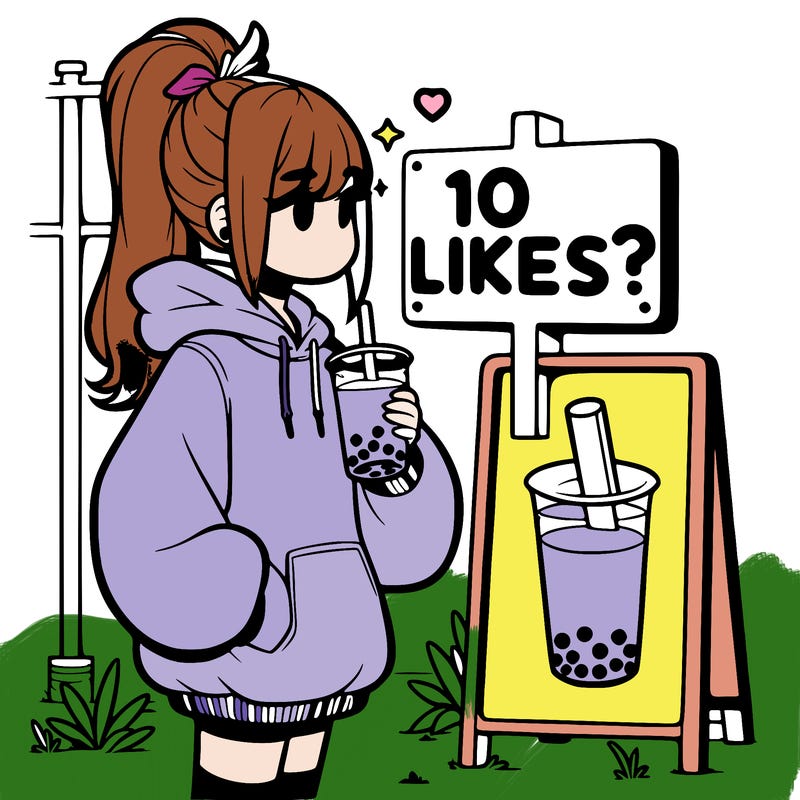 girl with oversized hoodie drinking boba and she has a high ponytail with a sign that says 10likes?