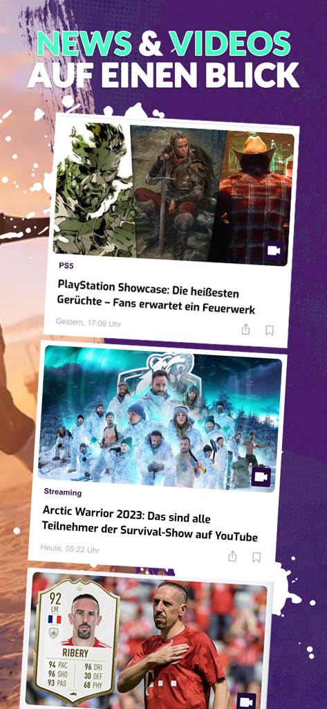 Mobile app interface showing a personalized news feed for gaming and streaming trends.