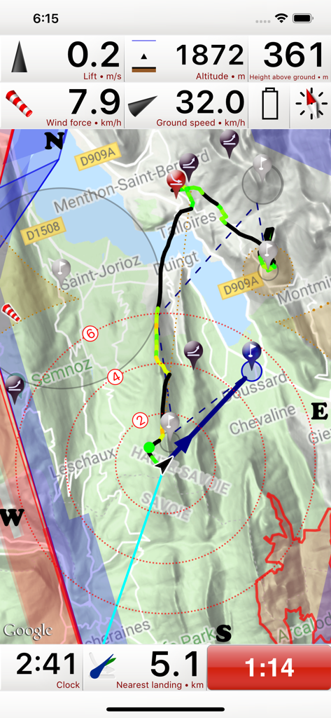 Flyskyhy - Flyskyhy app flight instrument interface showing altitude ground speed and moving map for paragliding