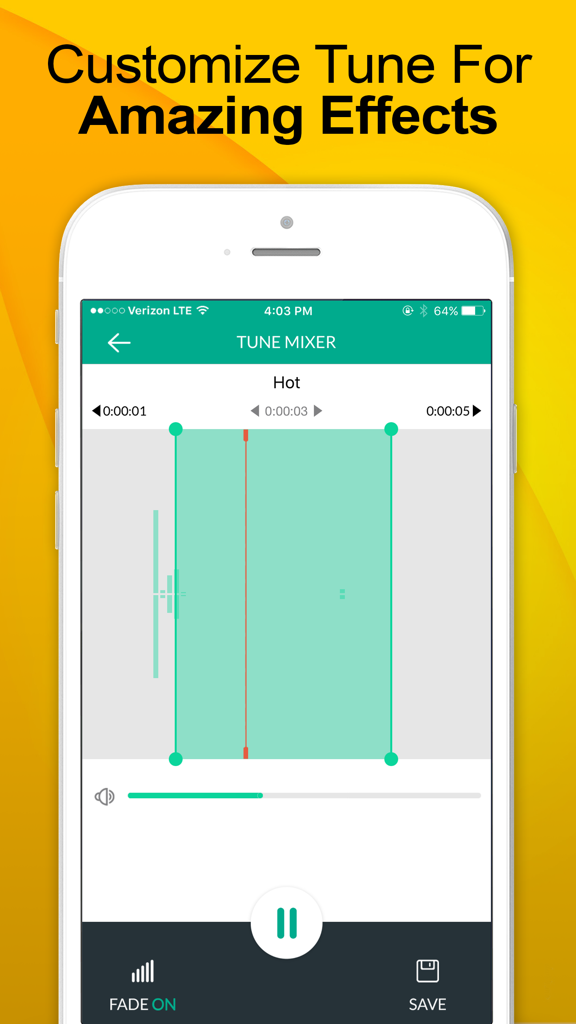 Interfaccia Tune Mixer nell'app Ringtones che mostra i controlli di editing audio e i marcatori delle forme d'onda