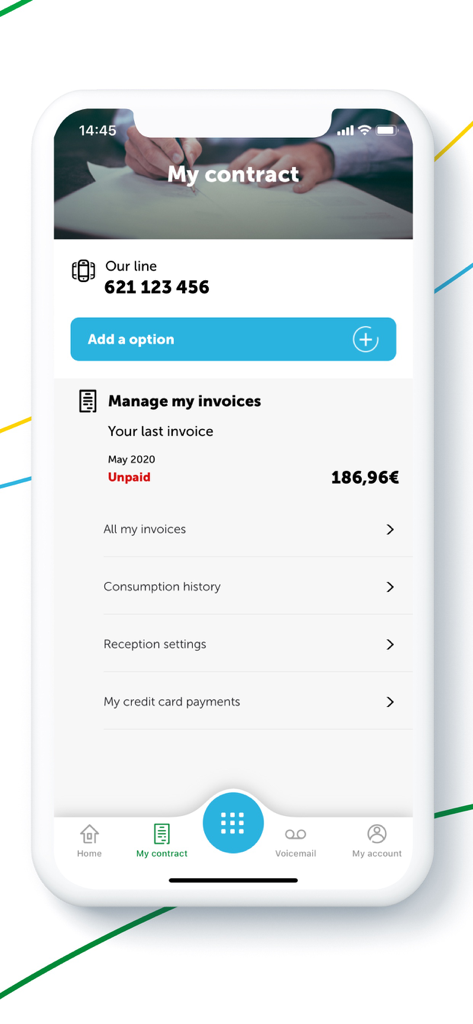 Aplicación MyPost Telecom Mobile que muestra la sección de contratos con detalles de facturas impagas y opciones de gestión de cuentas.