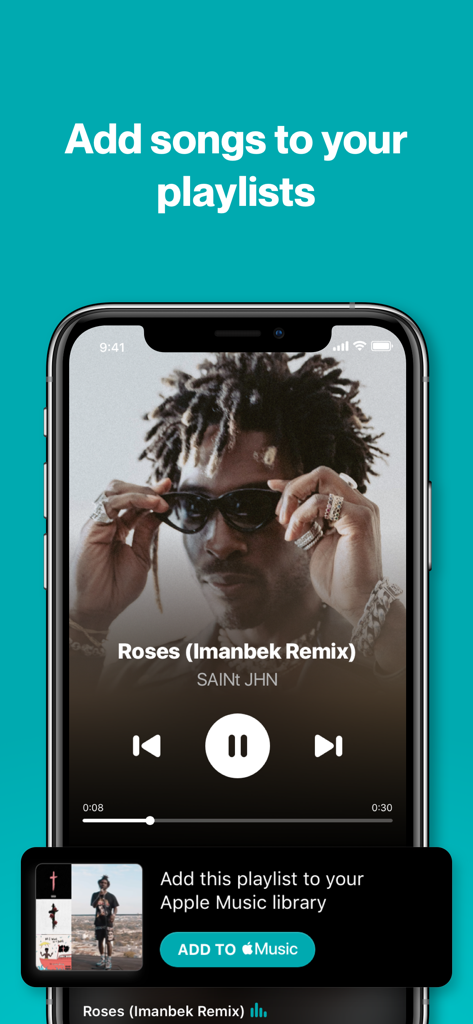 Shazam app interface showing a song play screen with an option to add it to an Apple Music playlist