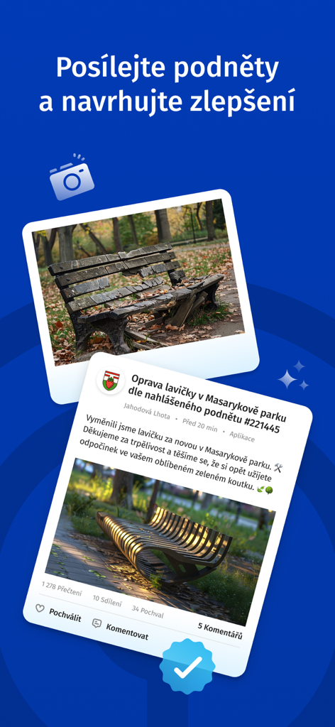 Interface de l'application Munipolis montrant un banc de parc cassé signalé et la mise à jour officielle de sa réparation.