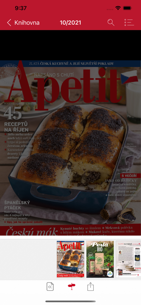 Mobile App-Oberfläche der Zeitschrift Apetit mit dem Titelbild der Oktoberausgabe mit traditionellen tschechischen Mohnbrötchen.