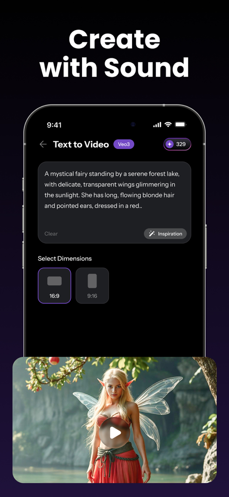 Zix app interface showing text to video generation with a prompt and result of a mystical fairy in a forest.