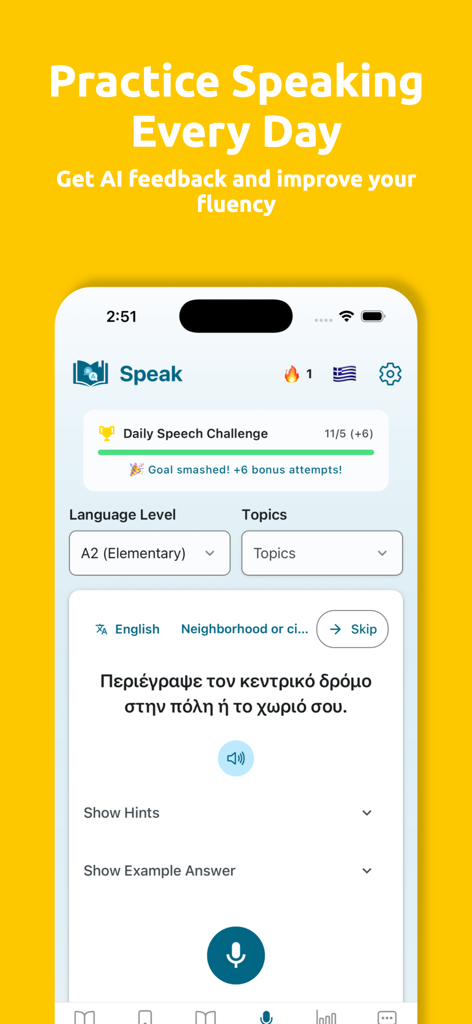 Fluency Drop - Learn Languages - Interface of Fluency Drop showing a speaking practice screen with a Greek language prompt and AI feedback features.