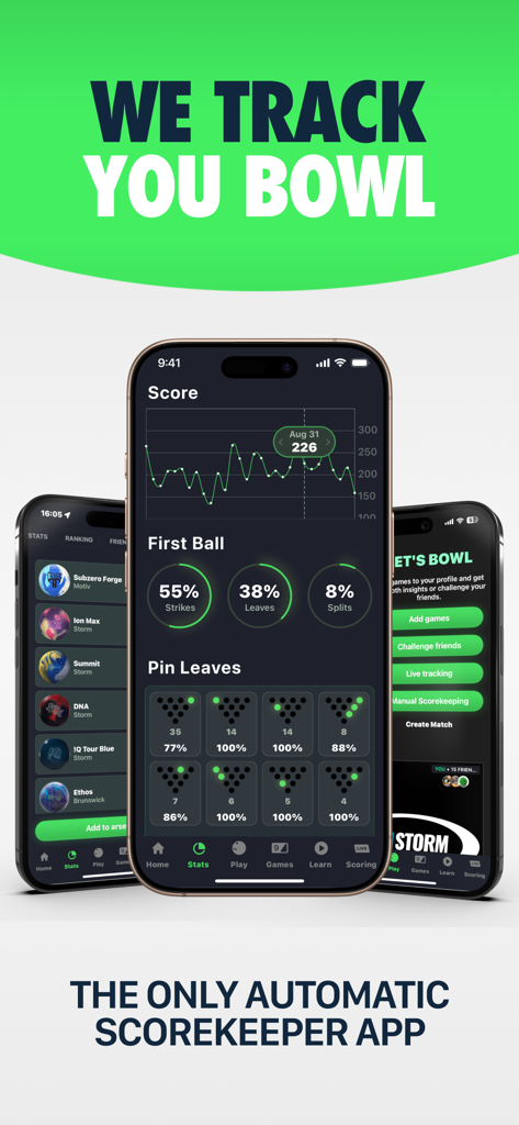 Lanetalk Bowling - Interface do aplicativo Lanetalk Bowling exibindo estatísticas de rastreamento de pontuação e análise de pinos deixados em três telas de celular